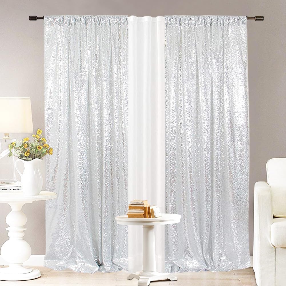 Eternal Beauty Sequin Backdrop Curtains, 2x8 Ft-2 Panels Silver Back Drop for Shimmer Photography Party Wedding Birthday Decor