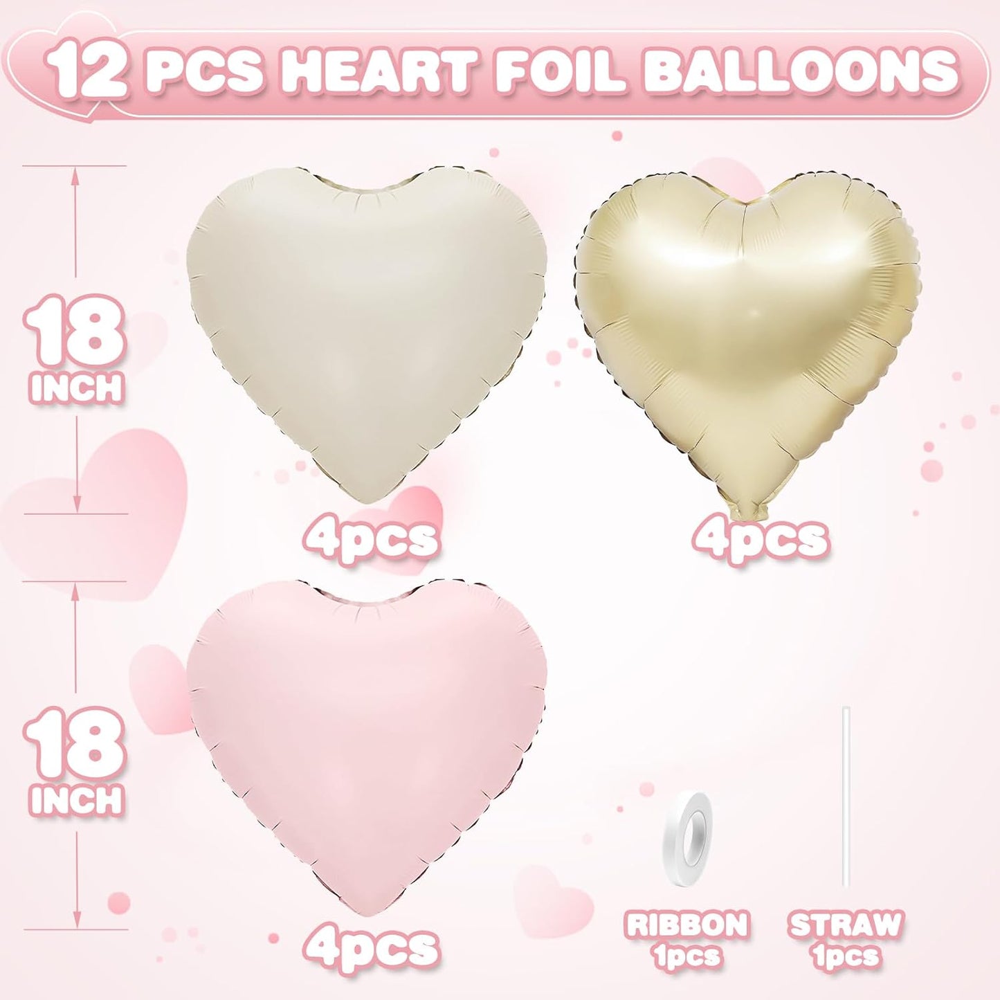 Pink White Gold Heart Balloons,12Pcs 18Inch Cream White Baby Pink Champagne Gold Heart Shaped Foil Helium Balloons for Baby Shower Birthday Anniversary Wedding Engagement Party Decorations