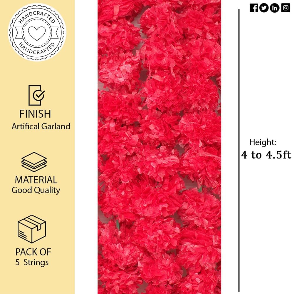 Artificial Marigold Garland for Decoration, Diwali Decorations Pack of 5 - Marigold Garland Flowers for Diwali Pooja -Traditional Indian Decoration (Red 5 PC | 4 to 4.5ft) Hashcart®
