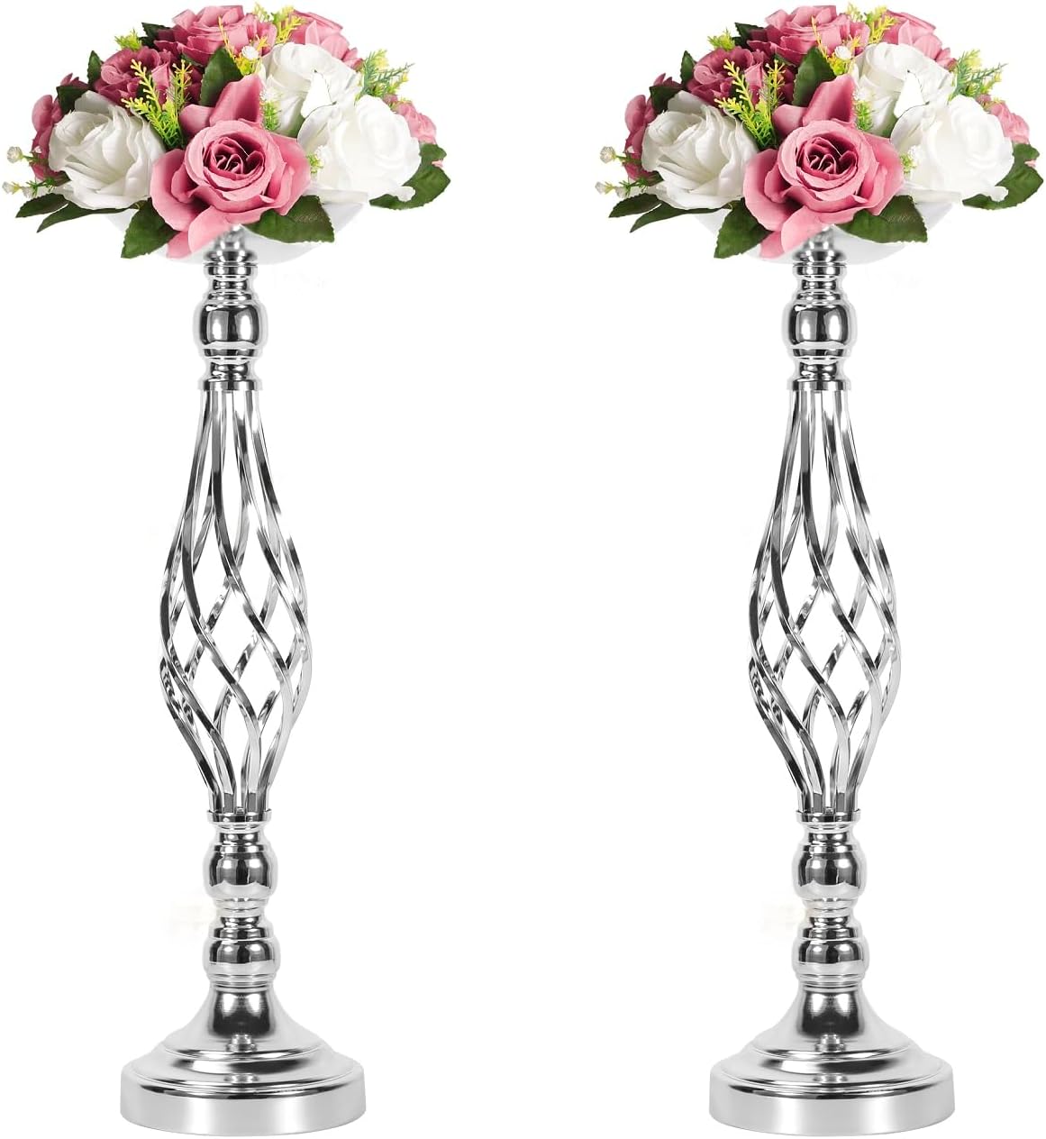 LANLONG 2pcs Metal Silver Candle Holders Road Lead Table Centerpiece Stand Pillar Candlestick for Wedding Candelabra Flowers Vases