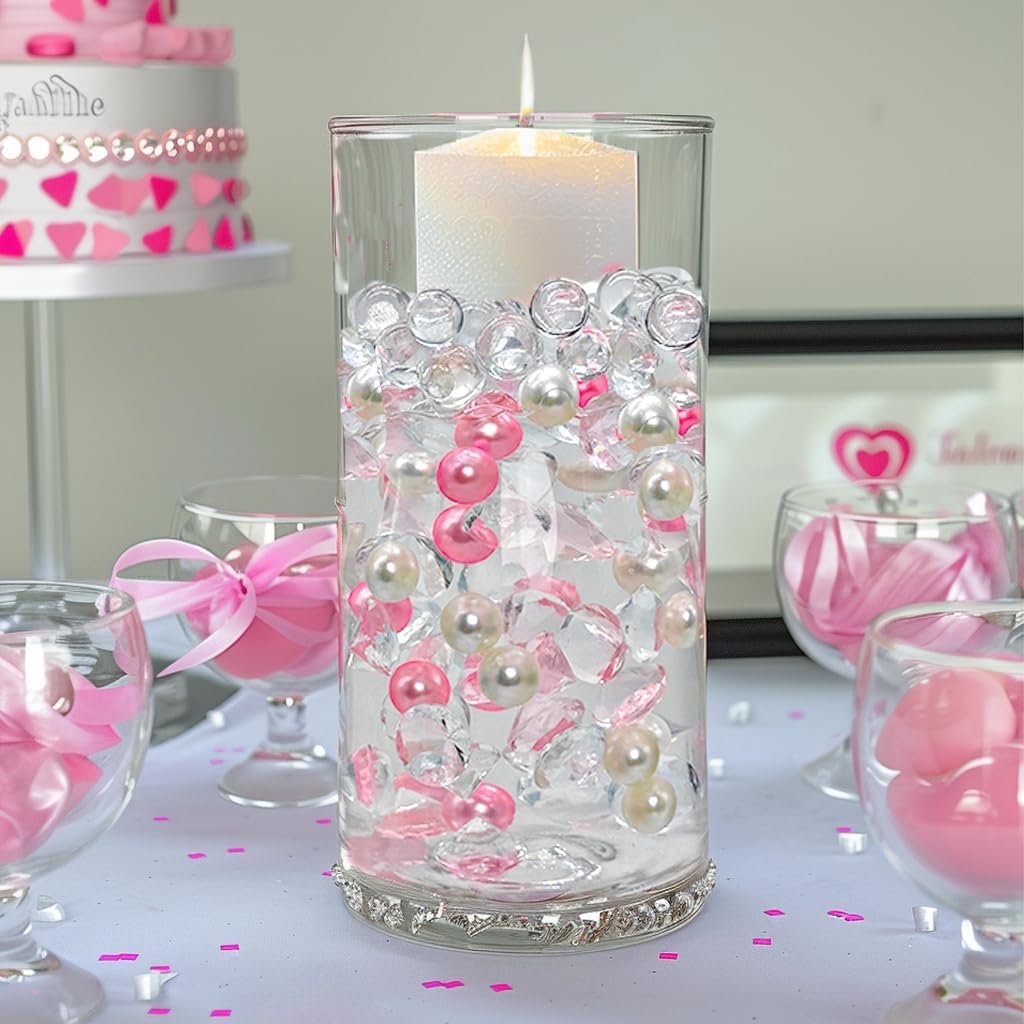HappyFiller 1075 PCS Floating Pearl Beads,Gems for Centerpiece,Vase Filler Fink Faux Pearls Fake Crystal Diamonds,Table Candles Party Wedding Decoration 14 OZ