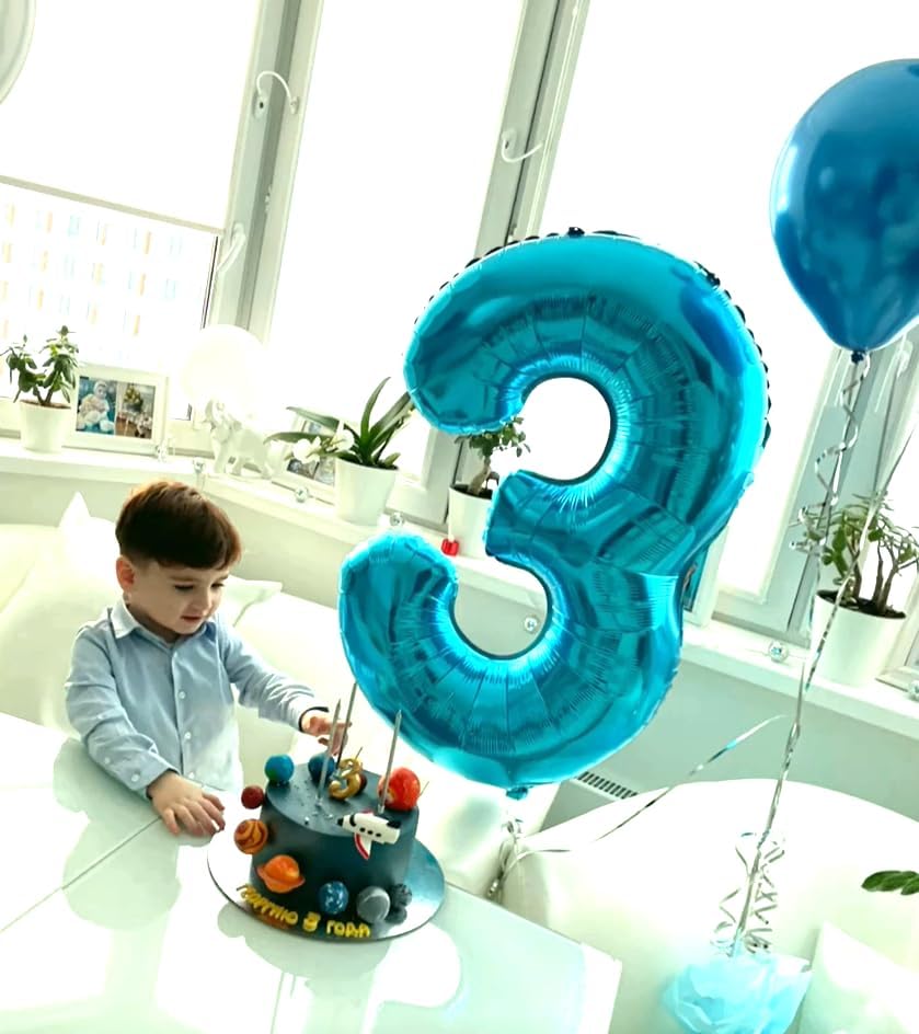 40 Inch Blue 3 Large Number Balloon, 3 13 23 30 33 36 Blue Birthday Party Decorations, Number Three Foil Balloons for Anniversary Party Graduations Celebration Supplies