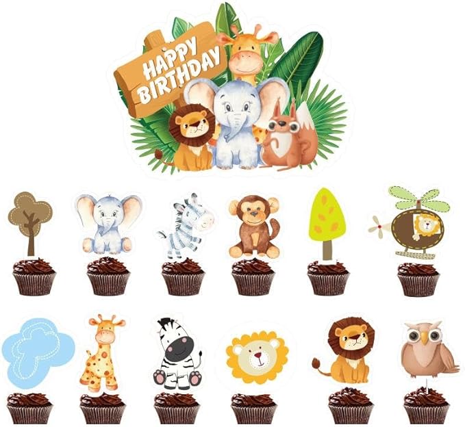 Safari Jungle Animal Birthday Party Decorations – 32 PCS Happy Birthday Banner, 18 Balloons, 12 Cupcake Toppers & 1 Cake Topper – Safari Party Supplies for Kids Boys Girls, Baby Shower, Zoo Theme