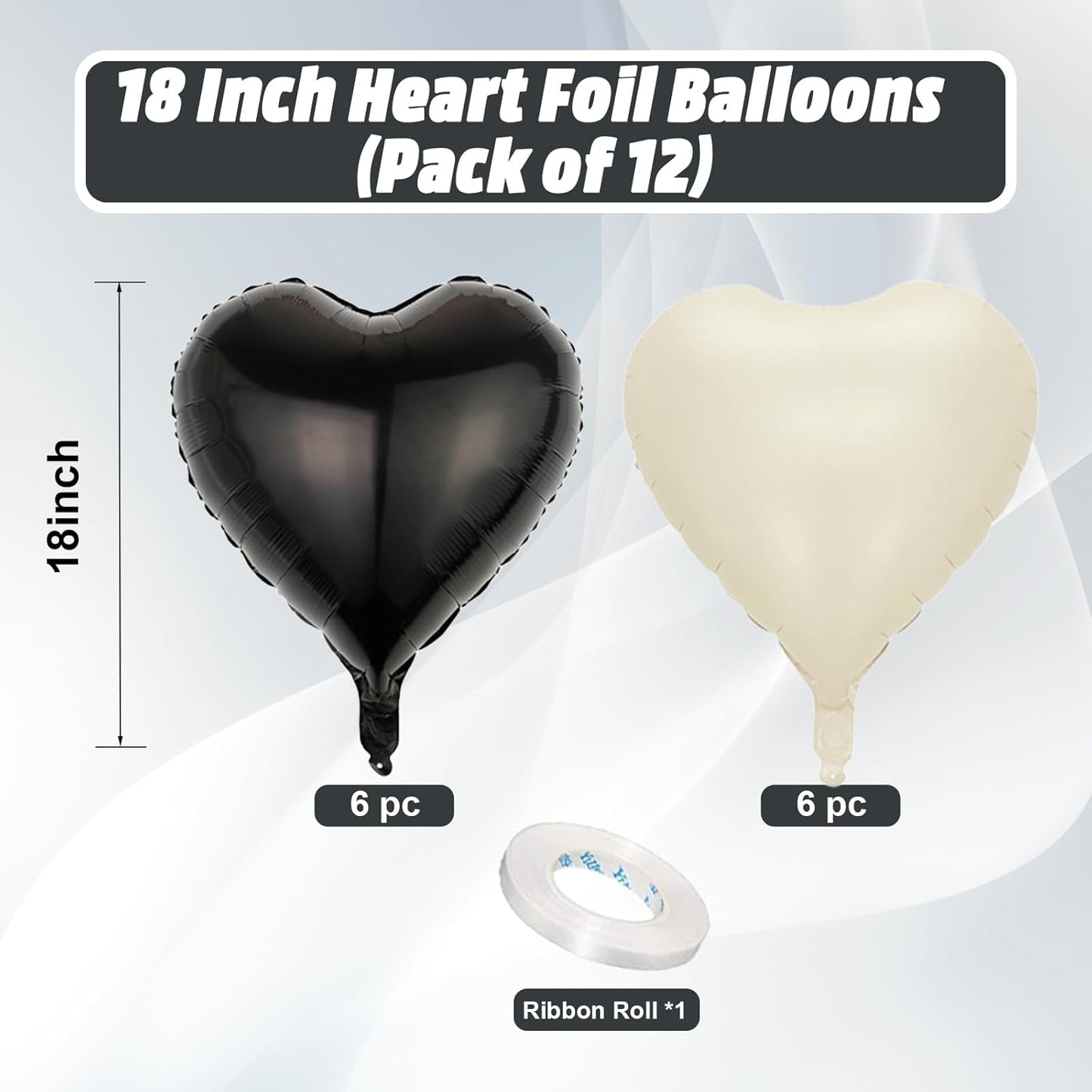 Black White Heart Balloons, 18 Inch Black and Cream White Heart Shape Balloon, 12PCS White Sand Black Helium Foil Heart Balloon for Birthday Wedding Bridal Shower Bachelorette Party Decorations