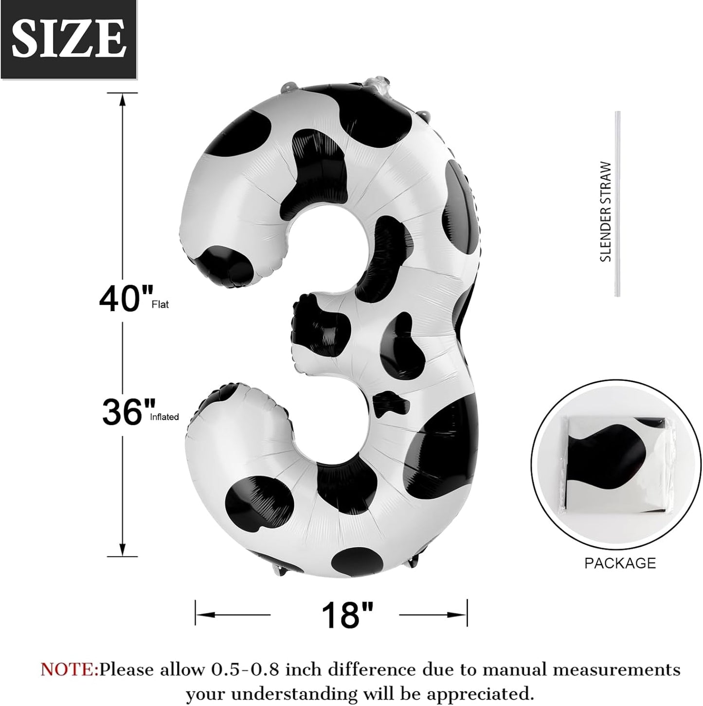 Cow Print Number Balloon Birthday Decorations, 40 inch Number balloon 0-9(Zero-Nine), Cow Balloon for Farm Birthday Party Supplies, Cow Themed birthday party Decorations (Number 3)