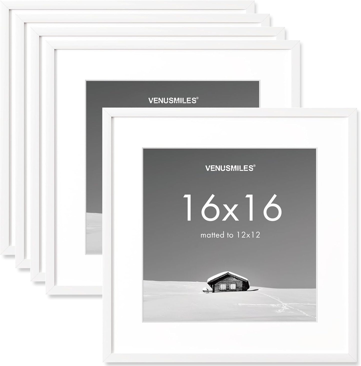 16x16 inch Picture Frame, 16x16 Photo Frames with 12x12 Removable Mat - High Definition Plexiglass - Vertical and Horizontal Display - Wall Hanging Frame - White, 5 Pack