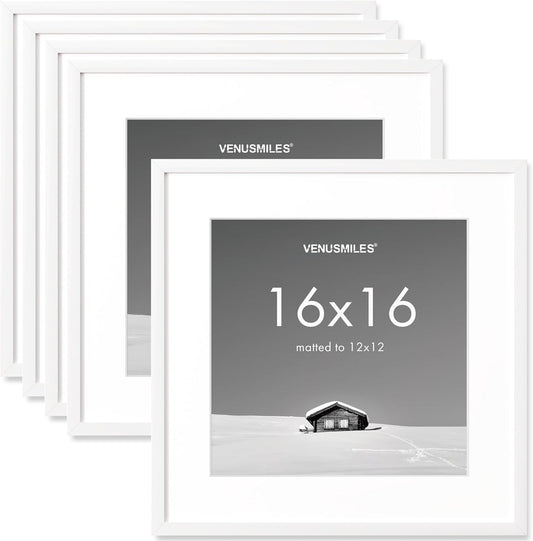 16x16 inch Picture Frame, 16x16 Photo Frames with 12x12 Removable Mat - High Definition Plexiglass - Vertical and Horizontal Display - Wall Hanging Frame - White, 5 Pack