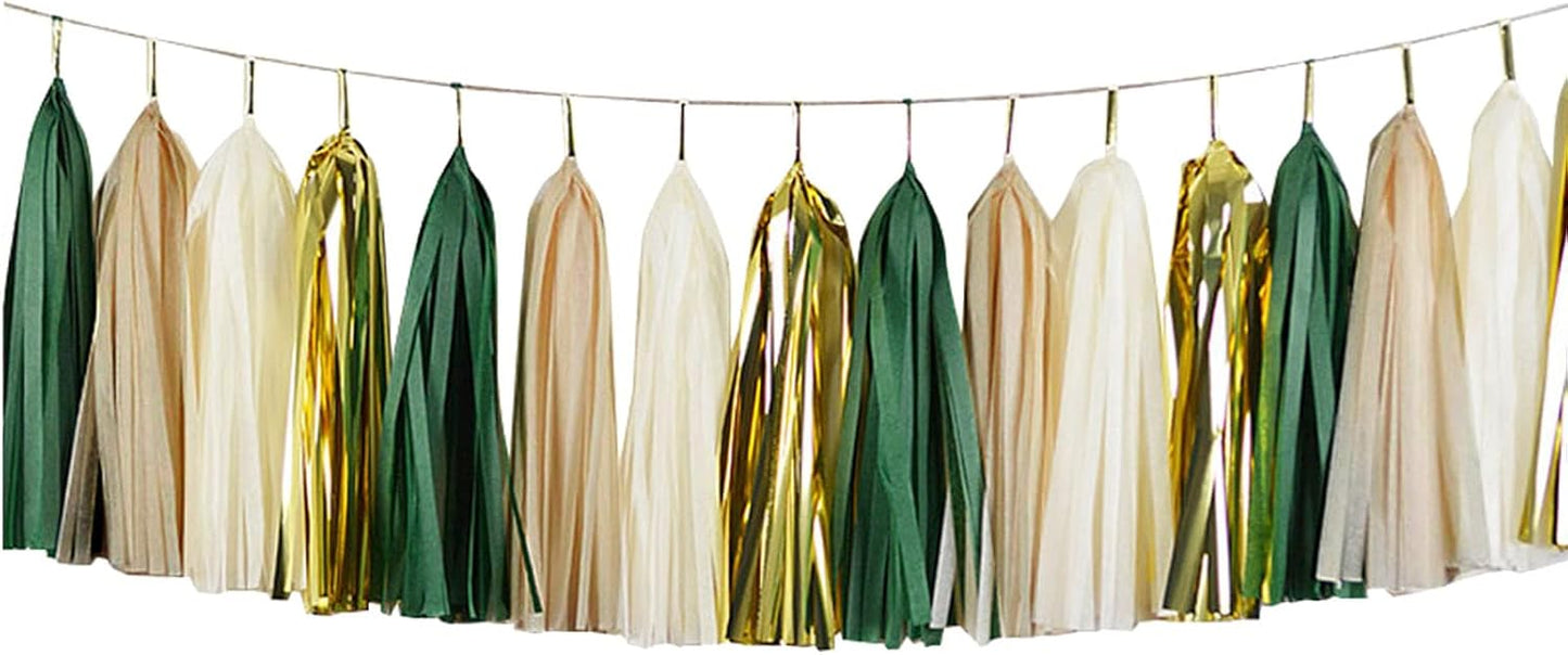 ZOOYOO Shiny Tassel Garland Tissue Paper Tassel Banner,Table Decor,DIY Kits for Tassels Party Decoration,Pack of 20(Green, Gold, Beige, Khaki)