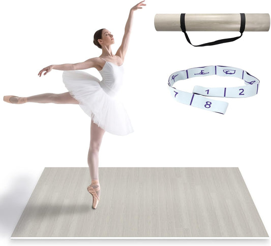 Dance Floor Mat Non-Slip with Shoulder Strap Portable and Dance Resistance Band, Dance Floor for Ballet,Jazz, Pop Thick PVC Practice Floor Reusable Mat (Light Natural Wood Color, 200cm*90cm*0.5cm)