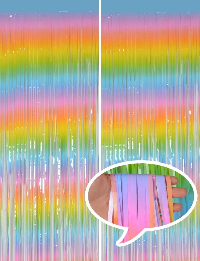 Melsan 2 Pack 3.2 ft x 8.2 ft Pastel Tinsel Foil Fringe Curtains Backdrop, Metallic Rainbow Foil Curtains for Easter Party Decorations Party Photo Booth Props Decoration (Rainbow)