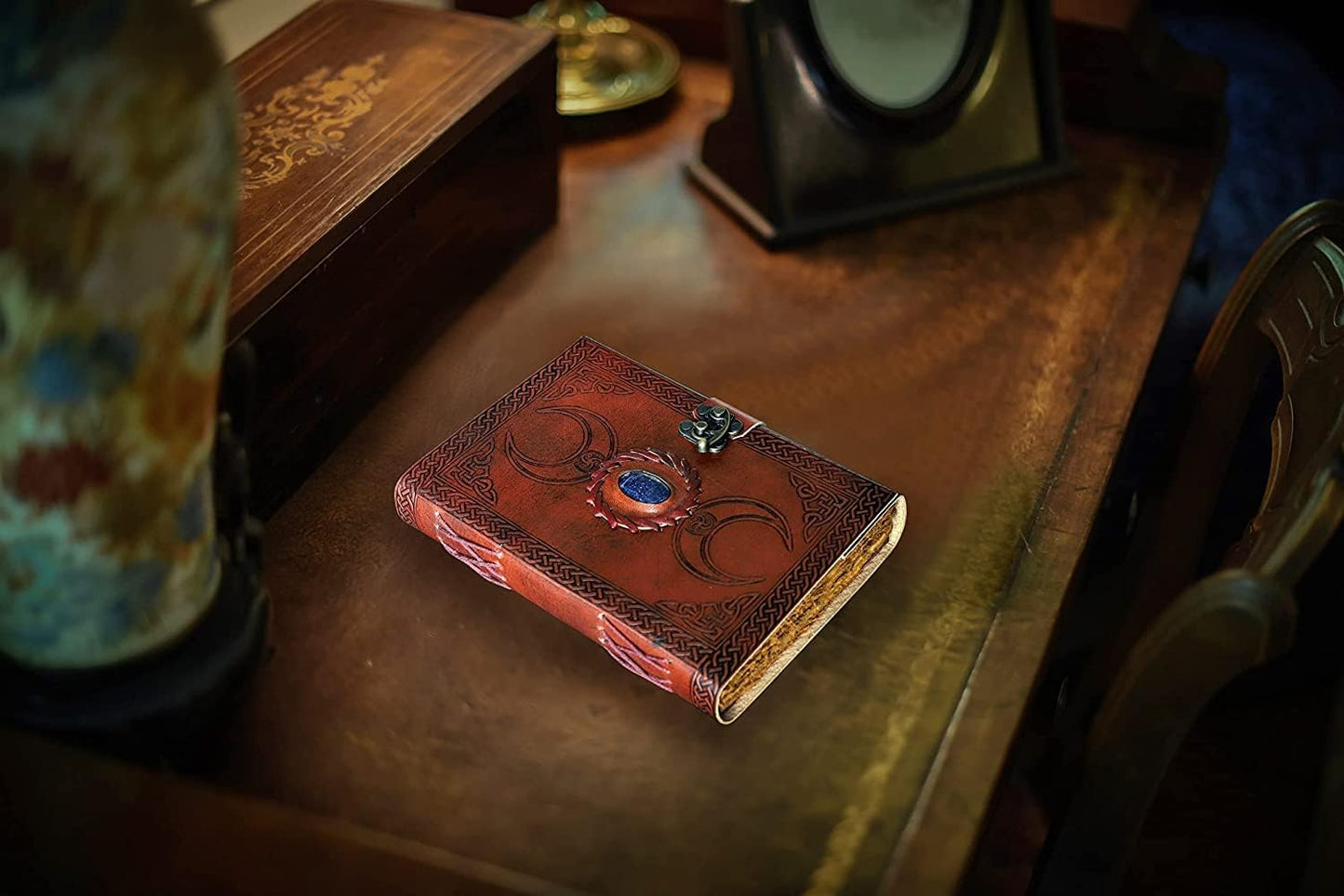 cuero 3 Moon Blue Lapiz Embossed Vintage Leather Journal for Men & Women - 140 Pages, Antique Handmade Deckle Edge Vintage Paper, Leather Journal Writing Notebook Dairy Gift (7 inch by 10 inch, Brown)