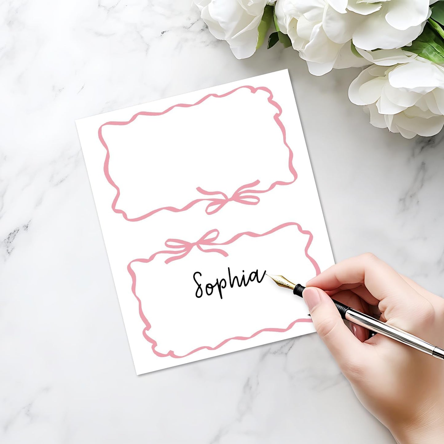 25 Pack Pink Bow Wave Place Cards, Editable Name Cards for Table Setting, Tent Cards Food Label for Dinner Party, Bridal Shower, Wedding, Baby Shower and Events -T14