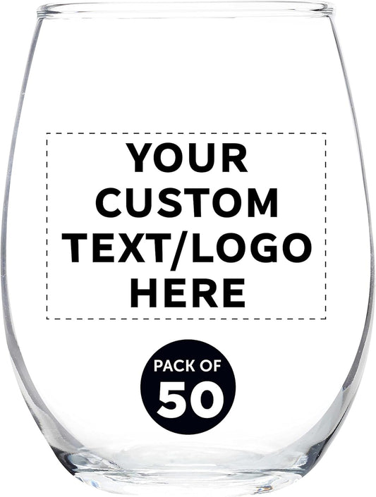 Custom Stemless Wine Glass 9 oz. Set of 50, Personalized Bulk Pack - Great for Wedding Favors, Bachelorette Party Decorations, Party Favors, Color Bottom - Clear
