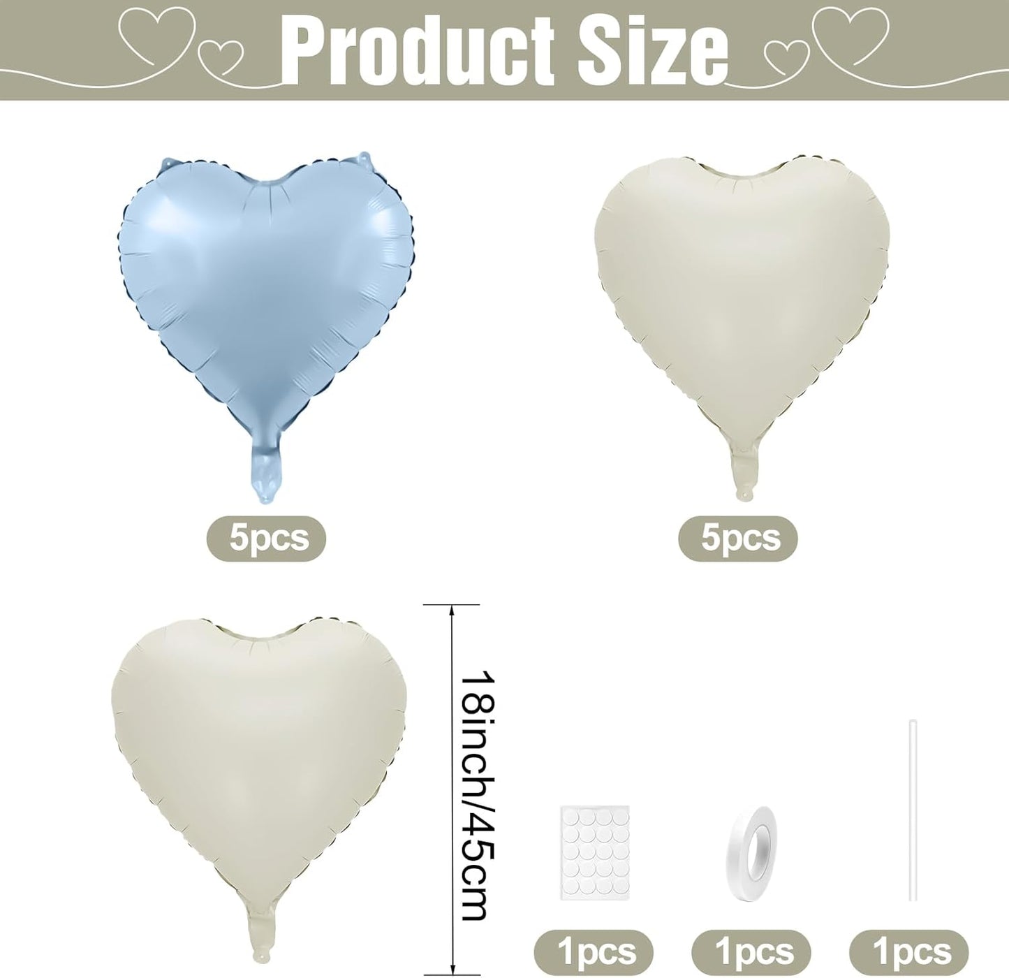 Baby Blue Heart Balloons,10Pcs Cream White Blue Foil Heart Shaped Balloons,18Inch Sand White Pastel Blue Helium Balloon for Valentines,Engagement,Birthday,Baby Shower,Wedding Party Decorations