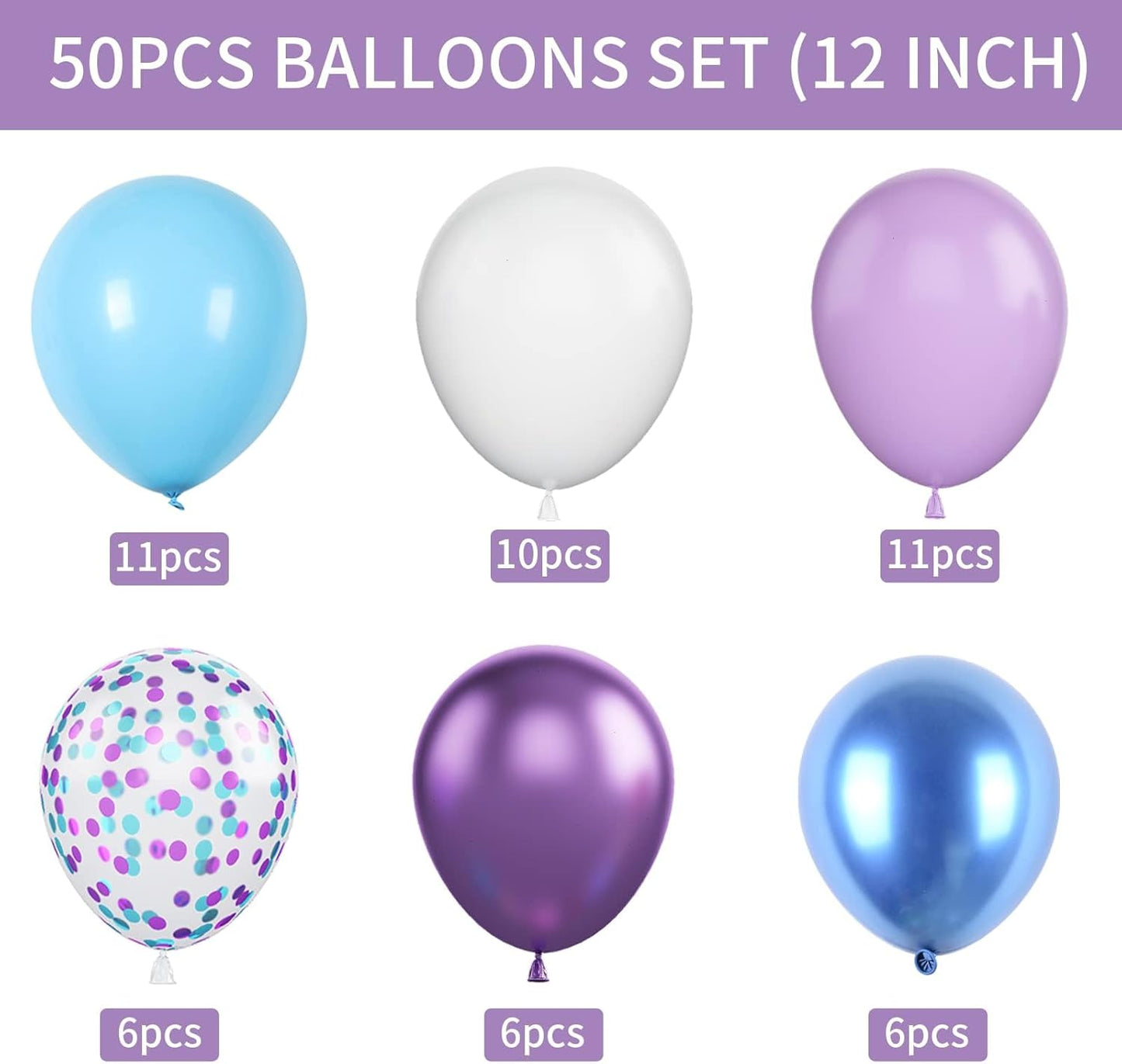 Blue and Purple Balloons Set, 50 PCS Blue 12 Inch Mermaid Balloon, Metallic Purple White Latex Ballons Confetti Helium Balloons for Girls Mermaid Birthday Party Baby Shower Winter Supplies