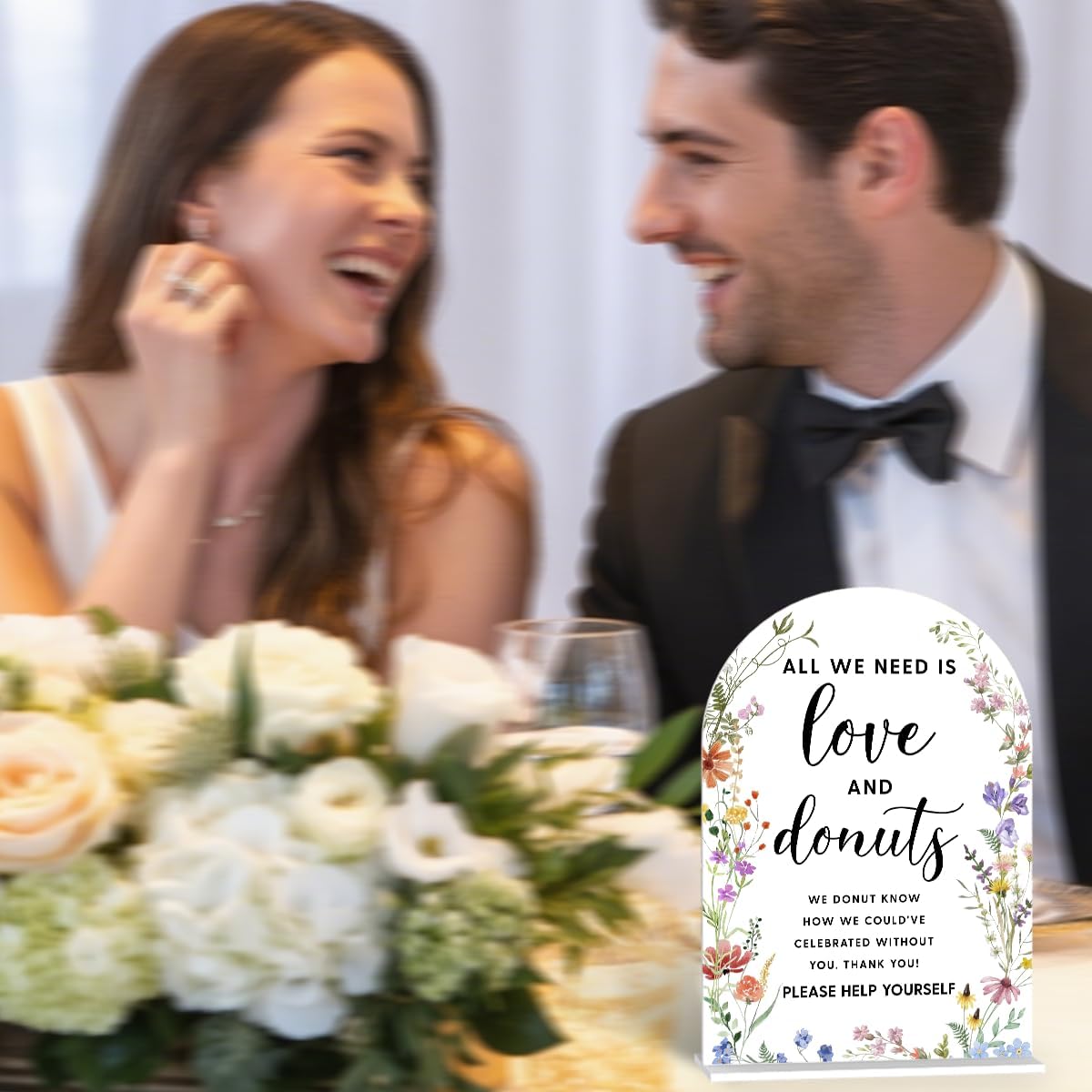 Acrylic Wedding Signs, Love and Donuts Signs for Marriage Reception, Bridal Shower Decorations, Modern Arched Round Top Acrylic Table Top Sign with Holder for Wedding Party Dinner (White Wildflowers)