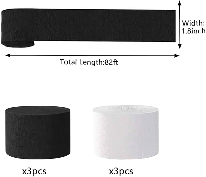 White and Black Crepe Paper Streamers 1.8 Inch Widening 6 Rolls,Black and White Party Streamer 82 feet per roll for Birthday Wedding Party Decorations