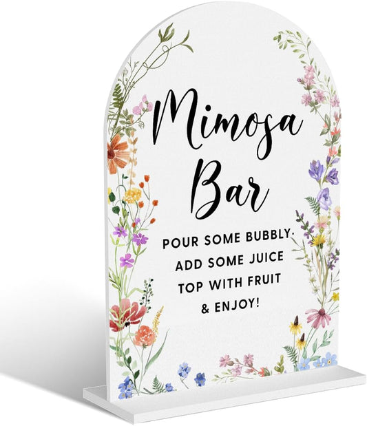 Acrylic Wedding Signs, Mimosa Bar Signs for Marriage Reception, Bridal Shower Decorations, Modern Arched Round Top Acrylic Table Top Sign with Holder for Wedding Party Dinner (White Wildflowers)