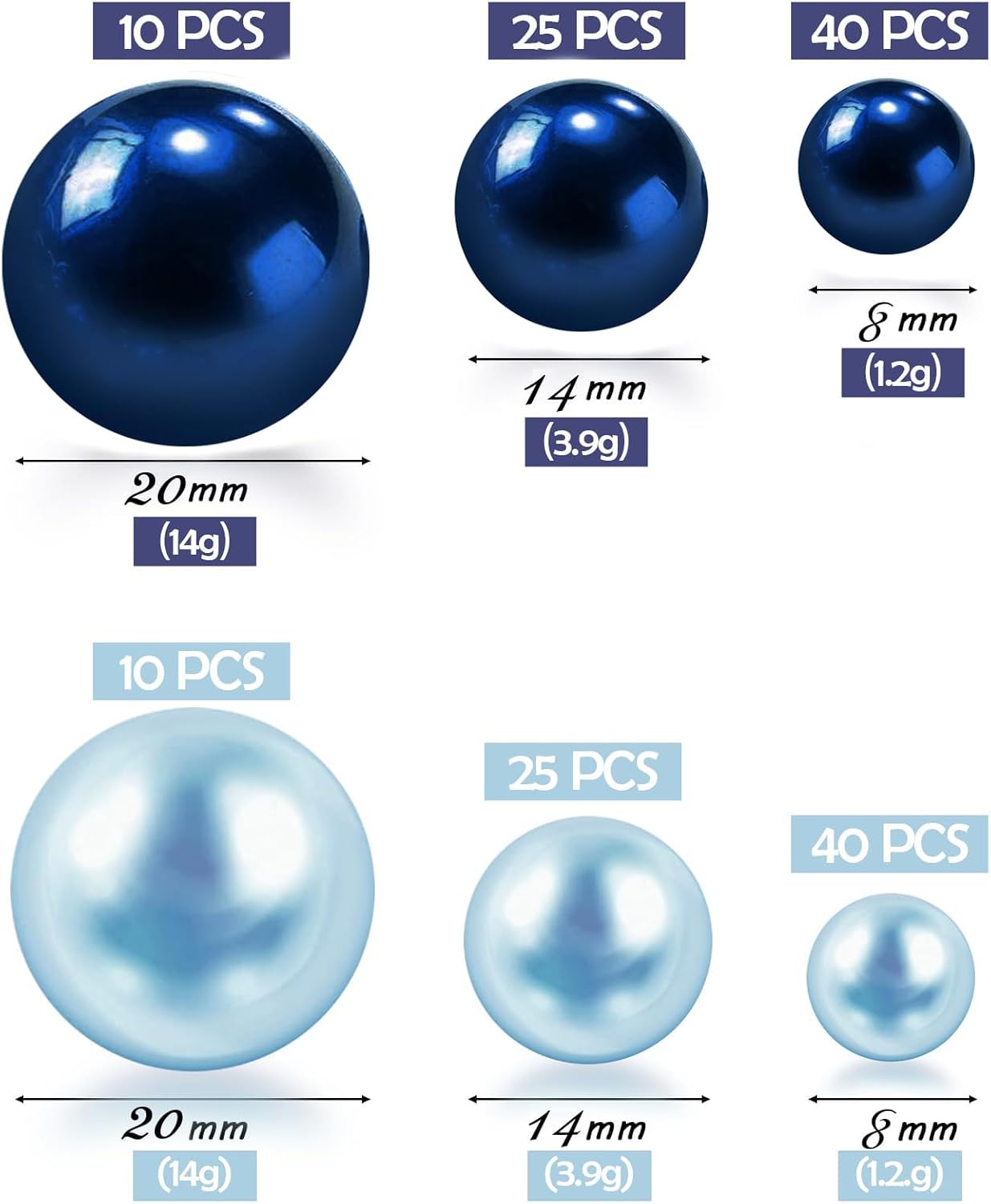 150Pcs Navy&Light Blue Polished No Hole Faux Pearl Beads for Vase Filling Decorations, Plastic Pearls Vase Fillers, Table Scatters, Wedding Centerpiece, Home Decor, 8/14/20 mm