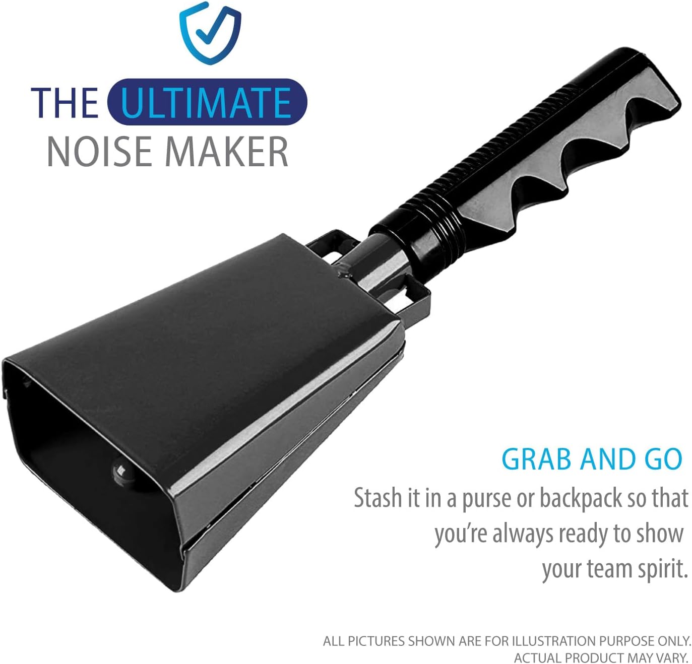 Deke Home - 2 Pack 10 Inch Steel Cowbells with Handle, Loud Noise Makers for Football, Sports, Parties, Competitions, School Spirit & Safety, Large Hand Bell for Cheering & Percussion Instrument