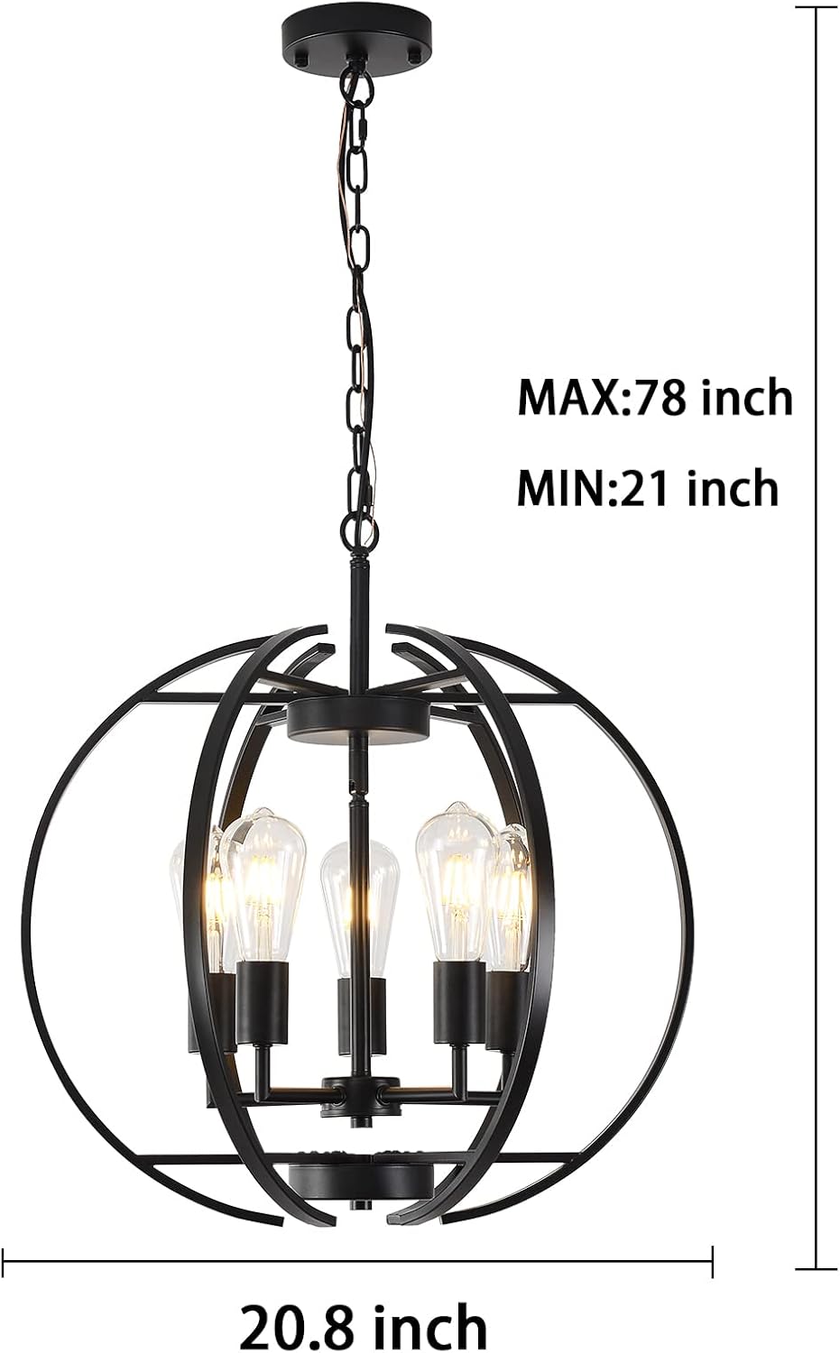 Large Lantern Globe Black Chandelier Lighting, Adjustable Hanging Ceiling Pendant 5 Light for Kitchen, Dining Room, Living Room, Hallway, Bedroom