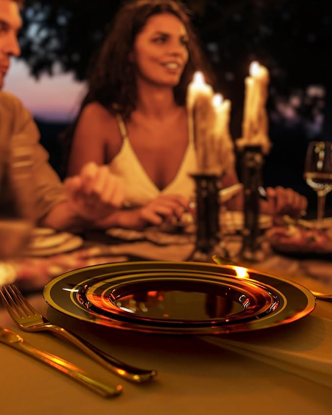 BESTSTAR 100PCS Black Plastic Plates Set with Gold Rim, 50 10.25 inch Dinner Plates and 50 7.5 inch Dessert Plates, Premium Disposable Plates forfor Party, Wedding, Holiday,And Halloween