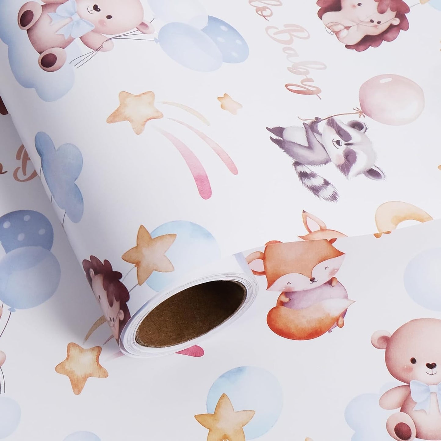 Aimyoo Baby Shower Wrapping Paper Roll - 17 Inch x 16.4 Feet - Cute Animal with Hello Baby Letter Design Perfect for Boys Girls, Birthday, Party