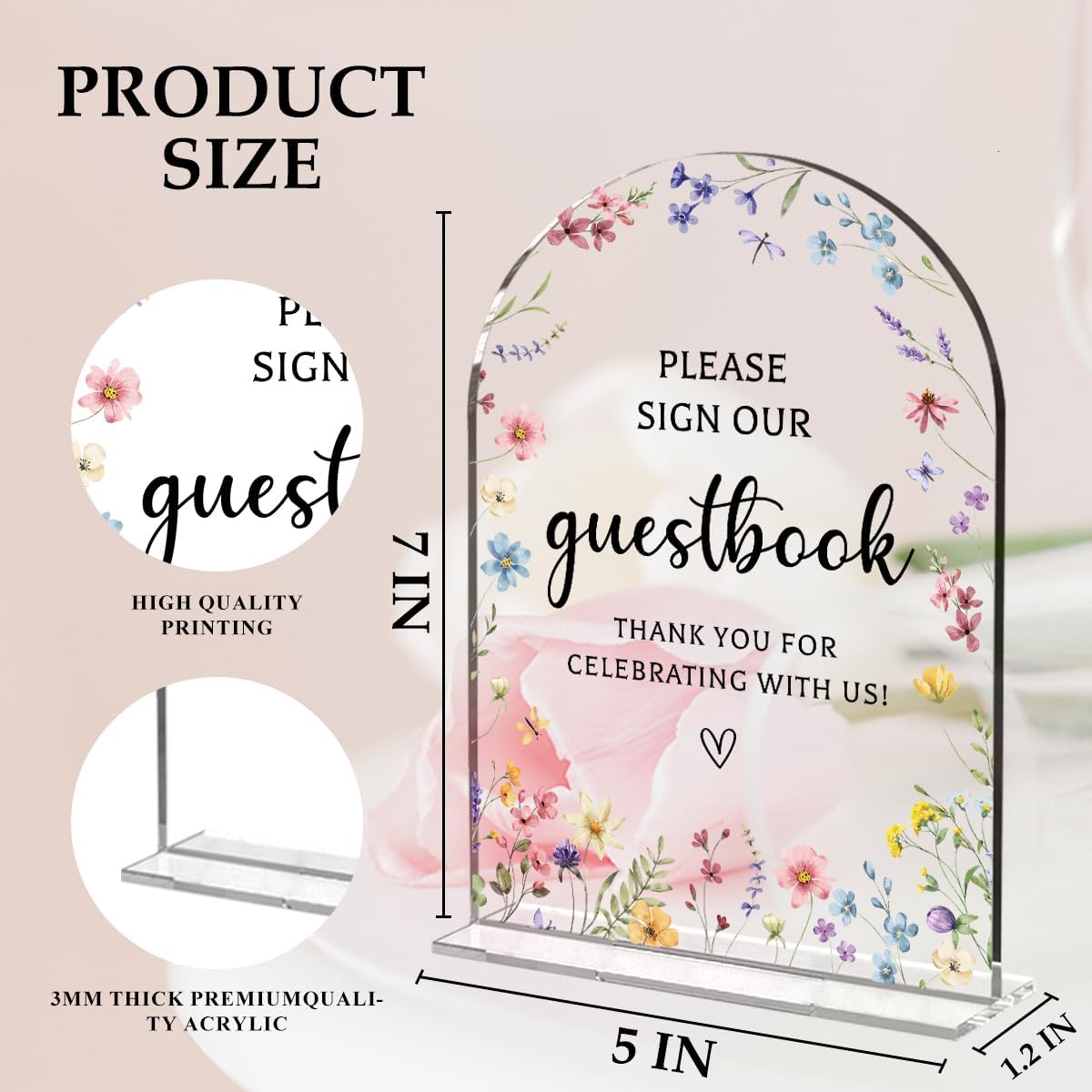 Wedding Sign Decor, Photo Guest Book Sign, 5x7 Inch Arch Acrylic, Wedding Sign for Reception & Event, Bridal Shower Decorations, Wedding Table Sign Accessories for Anniversary And Party (Flower)