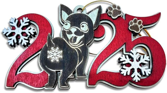 Black Chihuahua 2025 Christmas Ornament – Cute Wooden Dog Tree Decoration with Snowflakes & Paw Prints for Chihuahua Lovers, Pet Owner Christmas Décor