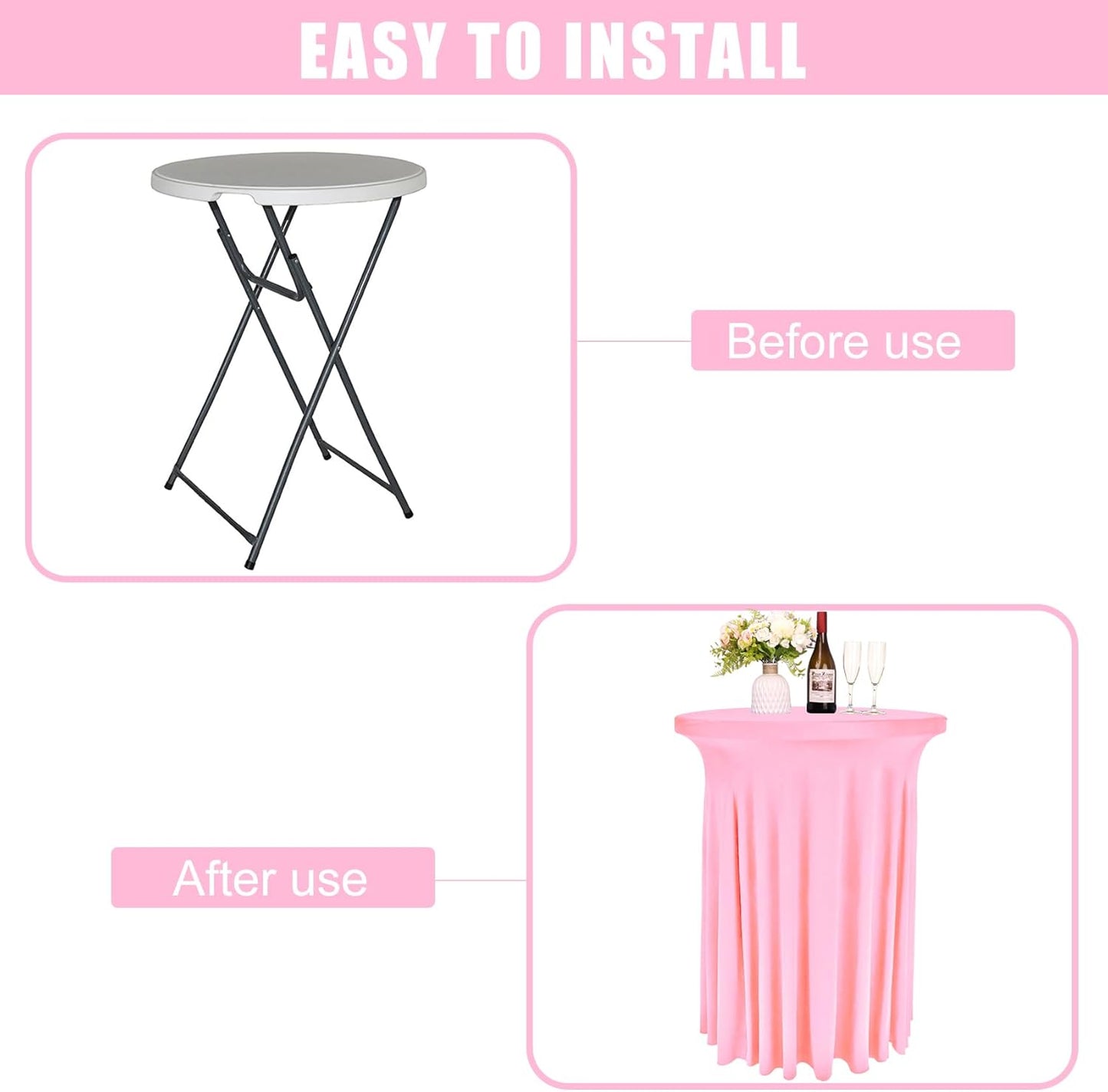 6 Pack Round Cocktail Tablecloth 32"x 43" Spandex Cocktail Table Skirt, Washable Stretch Fitted Table Covers for High Top Bar, Wedding, Party, Events (Pink)