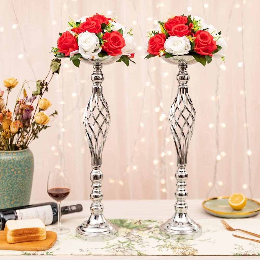 LANLONG 10pcs Metal Silver Candle Holders Road Lead Table Centerpiece Stand Pillar Candlestick for Wedding Candelabra Flowers Vases