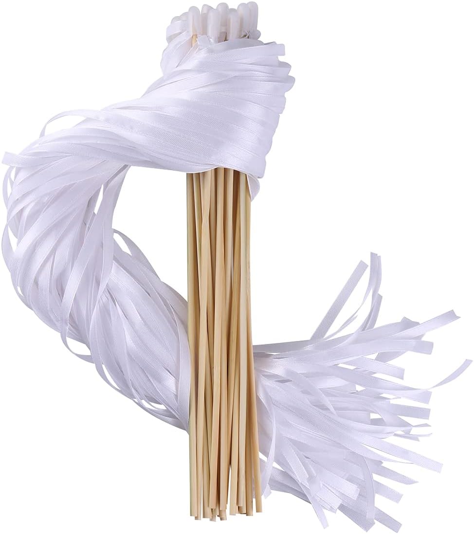100PCS Ribbon Stick Wands Wedding Streamers with Silk Fairy Stick Wand for Wedding Party Baby Shower Send Off Party Activities Holiday Celebration Favors (White-100PCS)