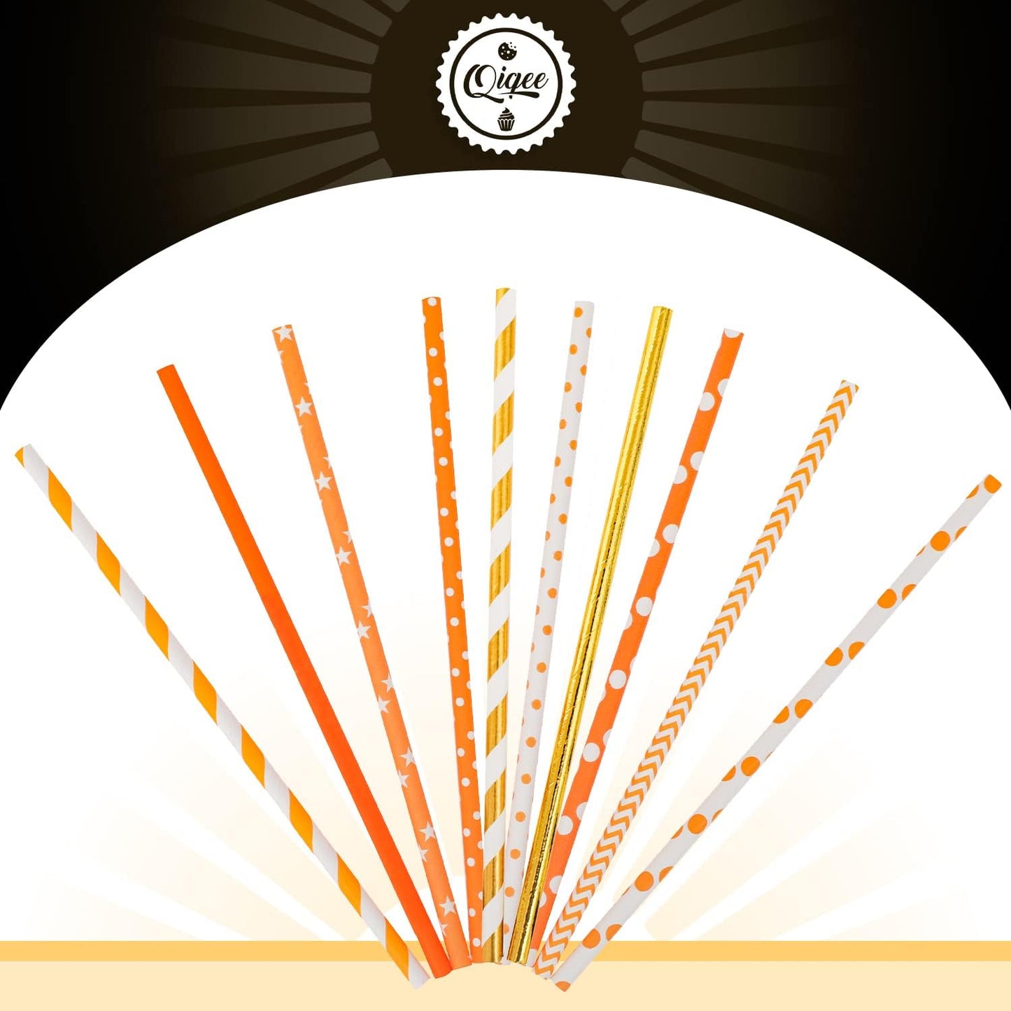 qiqee Gold Orange Disposable Straws for Drinking 150pcs Disposable Straws Bulk（10 Pattern）