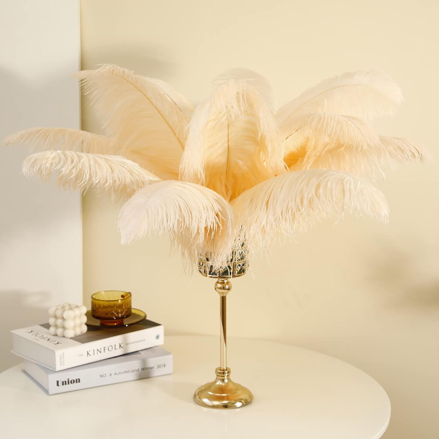 Larryhot 16-18inch Ostrich Feathers Plumas - 10pcs Boho Feathers for Vase Decoration,Wedding Party Centerpieces and Home Decorations (Champagne)