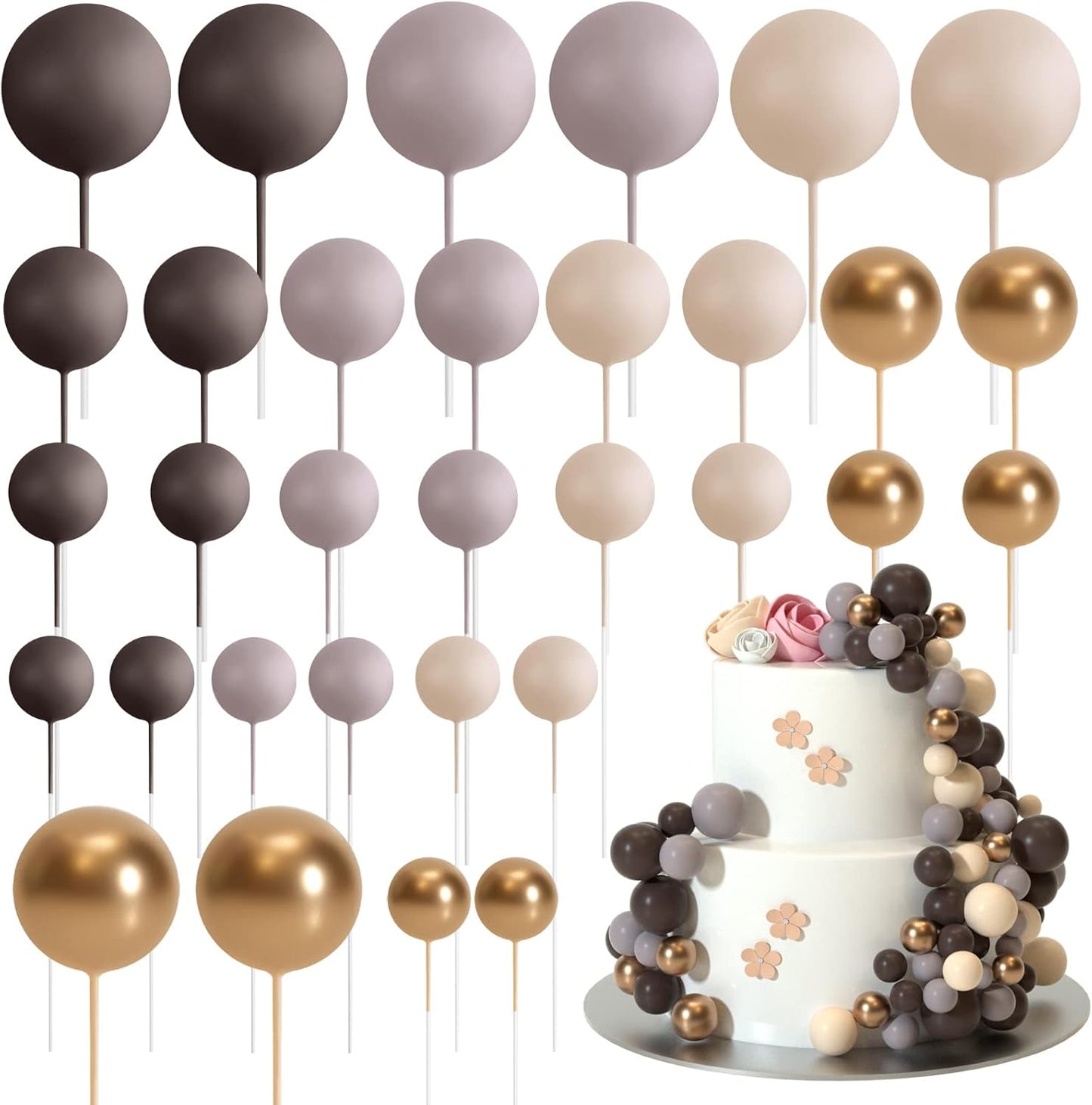 ASTARON 32 Pcs Ball Cake Topper Decorations Mini Balloons Cake Topper Sticks Foam Balls Cake Picks Cake Topper Balls Cake Decorations for Wedding Party Birthday Cake Decorating (Brown Gold)