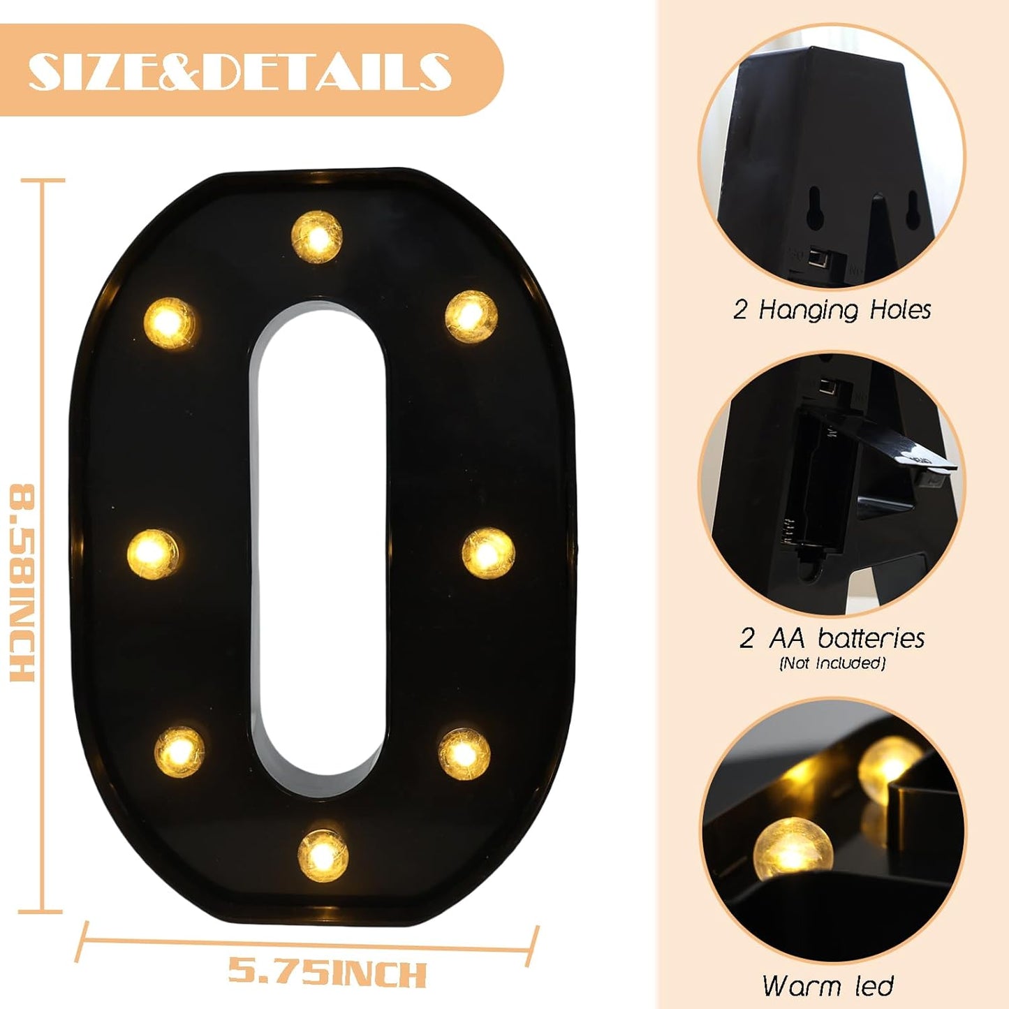 Led Marquee Letters, 8.58 Inch Black Light Up Letters, Small Led Letter Lights, Battery Powered Lighted Letterfor Table, Party, Birthday, Christmas Decor (Black, Letter O)