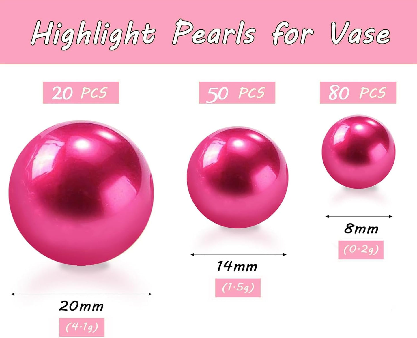 150Pcs Hot Pink Polished No Hole Faux Pearl Beads for Vase Filling Decorations, Plastic Pearls Vase Fillers, Table Scatters, Wedding Centerpiece, Home Decor, 8/14/20 mm