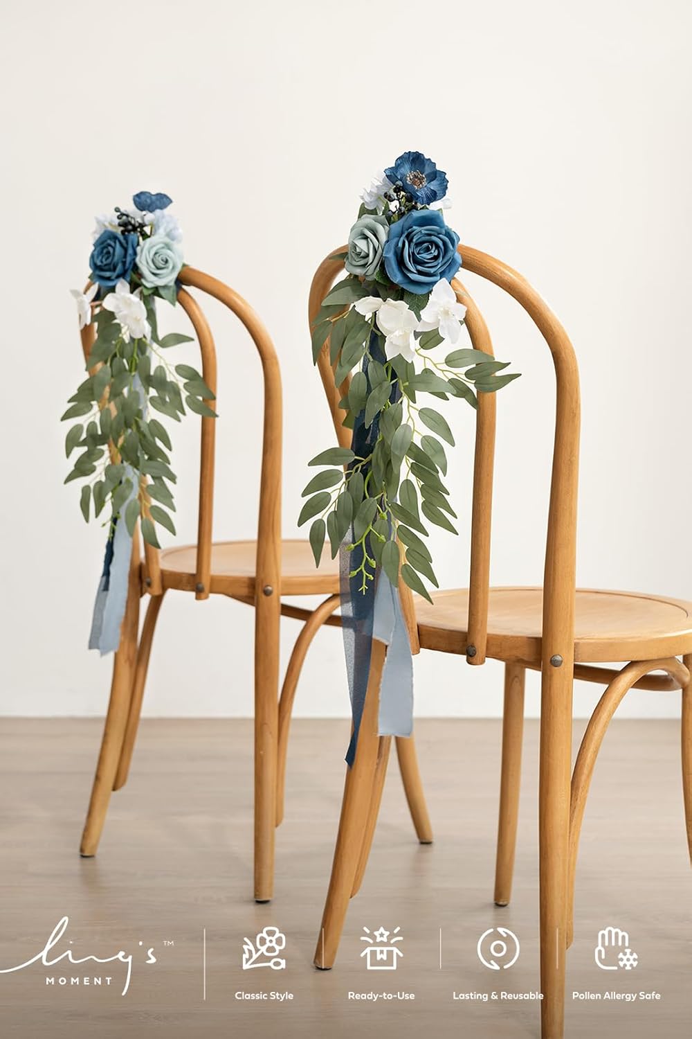 Ling's moment 8pcs Wedding Artificial Aisle Pew Flowers Chair Decorations Arrangements with Chiffon Ribbons Dusty Blue & Navy for Ceremony Chair Back Floral Decor Reception Church Party Outdoor