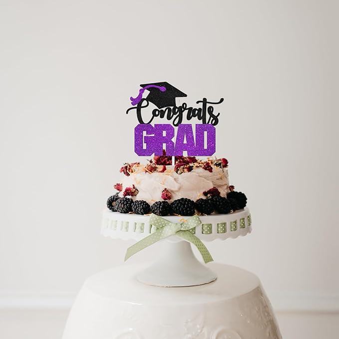 Congrats Grad Cake Topper - High Sohool/College Graduation Party Decoration Supplies - Congratulations Class of 2025 Party Cake Decorations (Purple)
