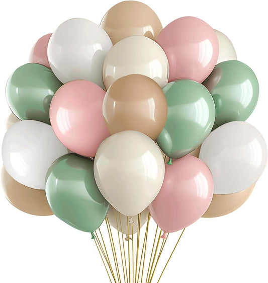 Pink and Dusty Green Balloons,50Pcs 12 Inch Brown Nude Boho White balloons Balloons, with Ribbon for Girls Women Birthday Baby Shower Wedding Tea Party Decorations