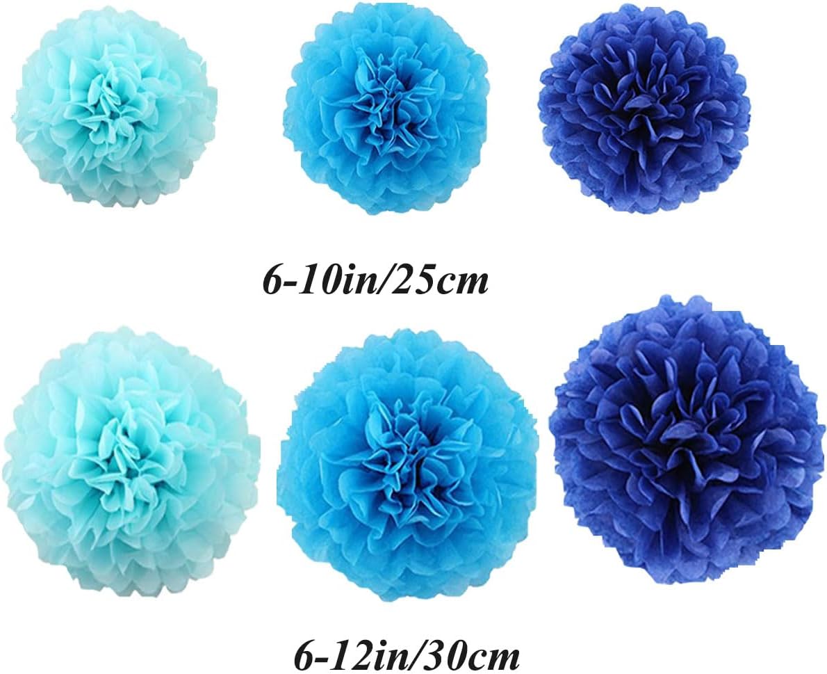 12pcs 10in 12in Blue Pack Paper Pom Poms Tissue Paper Flower pom poms Hanging Paper Flower Balls Wedding Party Flower Decorations DIY Art Craft Blooms for Birthday Baby Shower Nursery Decor