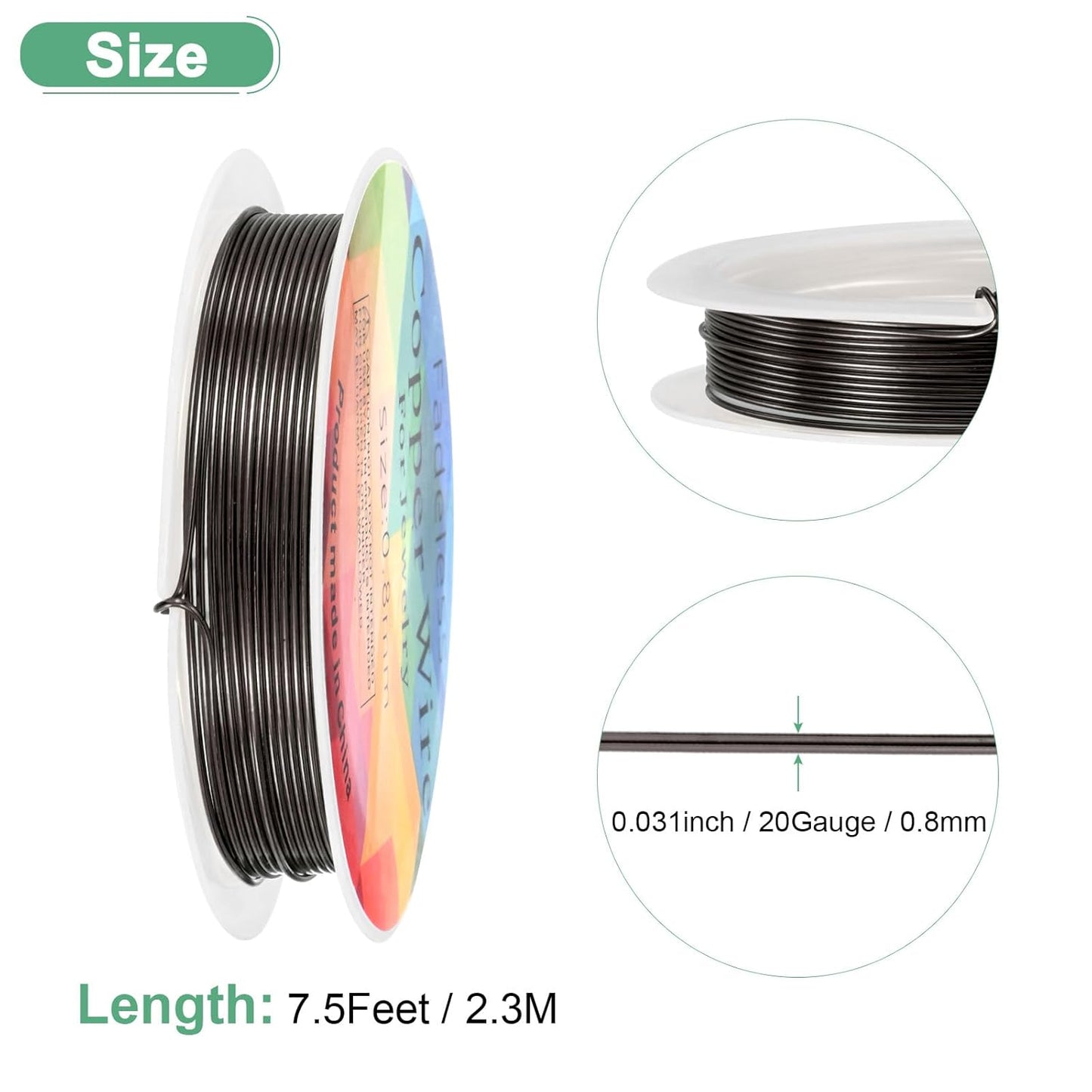 0.8 mm/20 Gauge Copper Wire for Jewelry Making, 7.5FT Copper Beading Craft Wire for Jewelry/Weaving/DIY Crafting/Planting, Color-Retaining [2.3 M, Metallic Black]