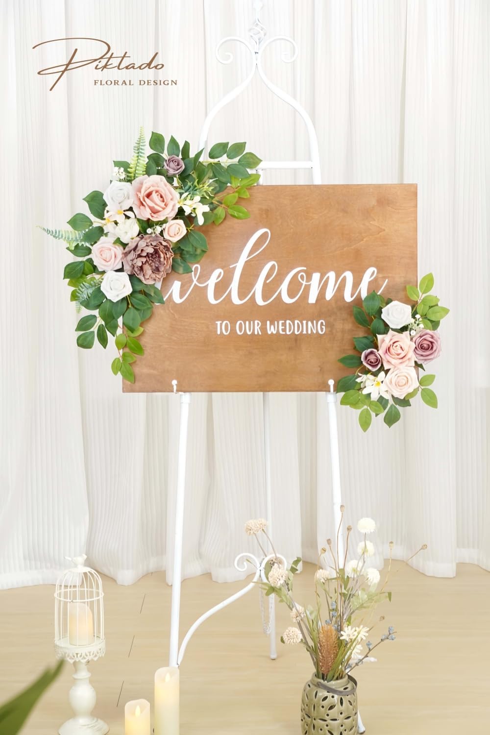 Wedding decor (pack of 2) Welcome Sign Flower Backdrop Garland For Ceremony Reception Wall Easel Home Decoration Entryway Faux Outdoor Board Head Table Decor (Dusty Rose)