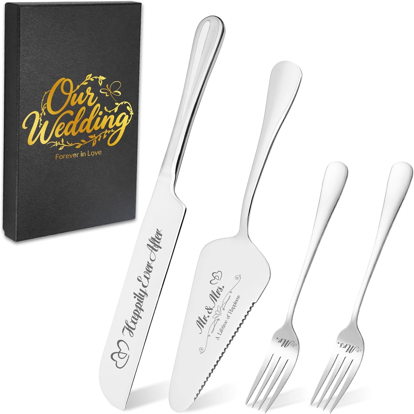 Personalized Wedding Cake Knife and Server Set, Engraved Cake Cutting Set with Stainless Steel Forks, Bridal Anniversary Birthday Wedding Registry Gifts(Non-customized)