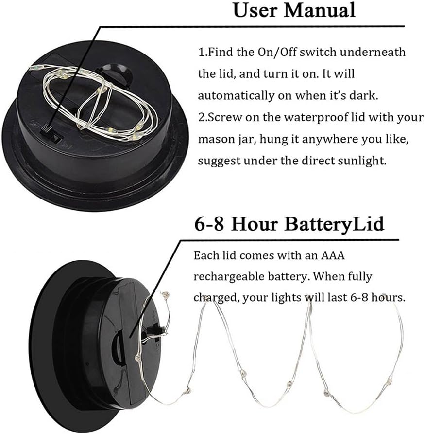 6 Pack Mason Jar Lights, 10 LED Solar Colorful Flicker Fairy String Lights Lids Insert for Garden Deck Patio Party Wedding Decorative Lighting Fit for Regular Mouth Jars