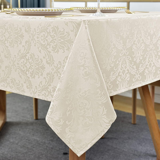 Jacquard Tablecloth Square 52 x 52 Inch Beige, Spill Proof Stain Resistant Damask Table Cloth, Washable Polyester Table Cover for Dining, Party, Indoor, Outdoor (Off White, Square)