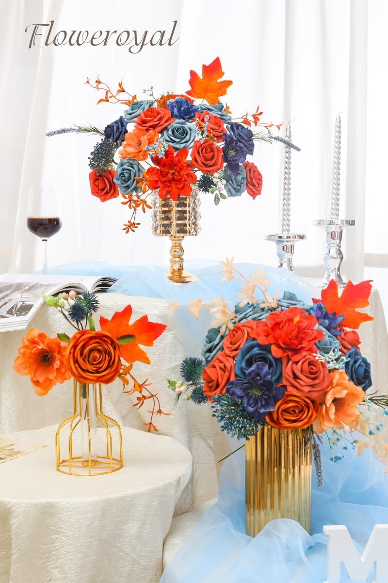 Floweroyal Artificial Flowers Combo Orange Flowers Mix Silk Flowers Dahlia Roses with Stems for DIY Wedding Bridal Bouquets, Baby Shower, Floral Arrangement, Table Centerpieces, Home Decorations.