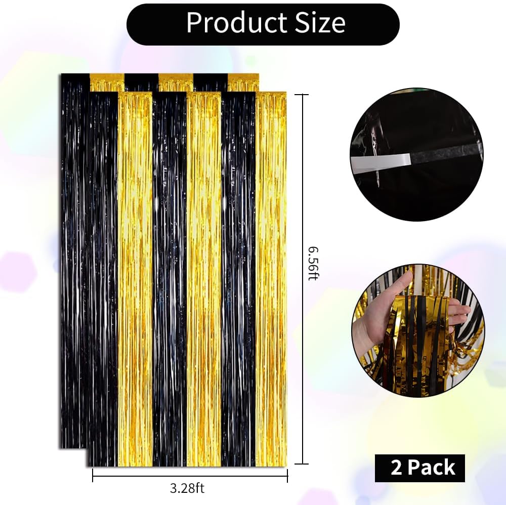 BEISHIDA 2Pcs Black Gold Door Streamers Congrats Grade 2025 Decoration Backdrop Foil Fringe Tinsel Party Streamers Curtains Backdrops Birthday Graduation New Year Party Decoations(3.28 ft x 6.56 ft)