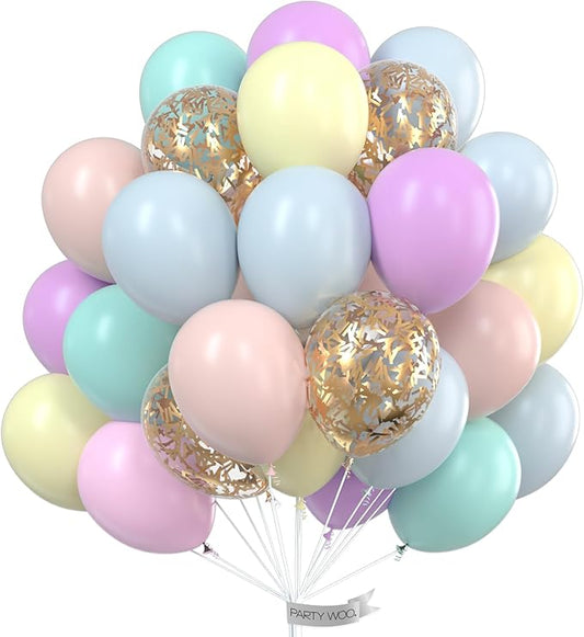 PartyWoo Pastel Balloons 65pcs 12 Inch Pastel Rainbow Latex Balloons for Baby Shower Gender Reveal Engagement Bachelorette Easter Bridal Shower Anniversary Retirement Birthday Party Decorations