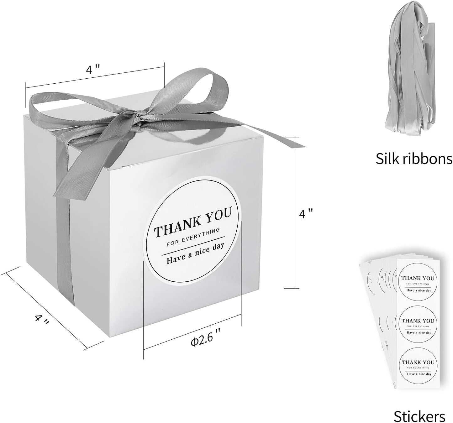 COTOPHER Small Gift Boxes 60 Pack 4x4x4 inches Silver Gift Boxes with Lids for Gifts, Crafting, Wedding Party Favor, Cupcake Boxes, Candy, Bridesmaids Proposal Box with Ribbons and Stickers (Metallic